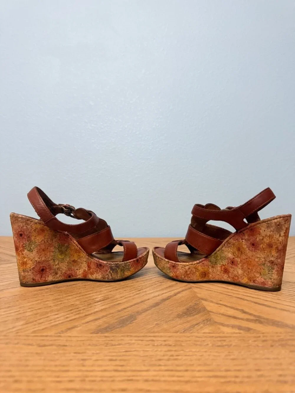 Born Brown Leather Sandals Multicolor Floral Cork 4.25 Inch Wedge Heels
